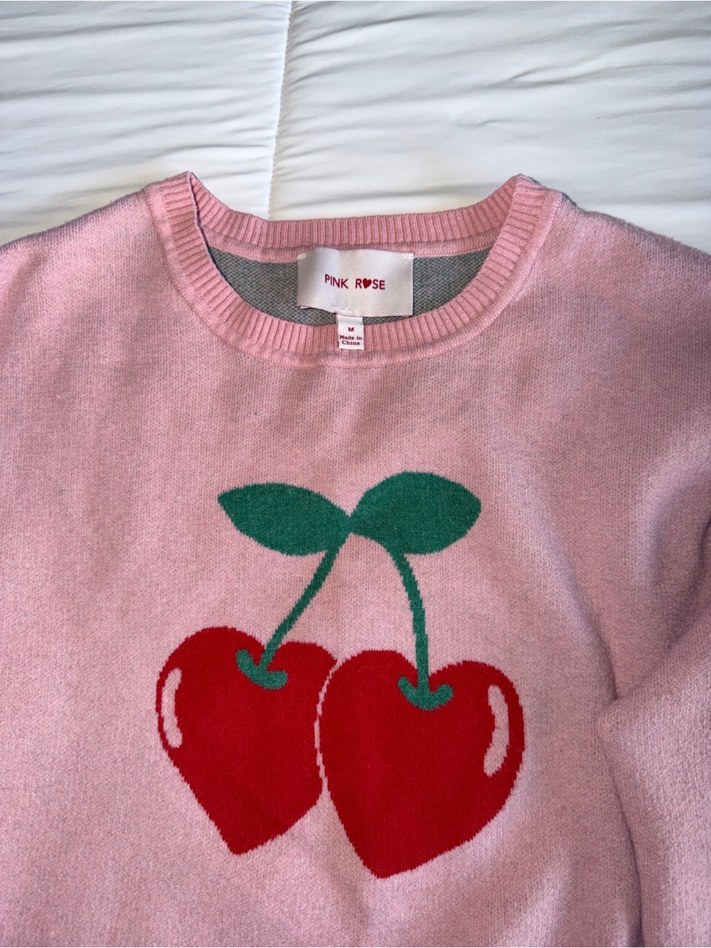 Pink Rose Pink Cherry Intarsia Crew Sweater with Green Stems